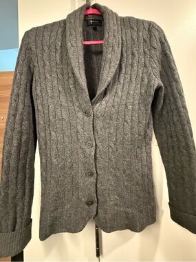 Aqua 100% Cashmere Cable Knit Shawl Collar Cardigan Sweater Gray Size L (Fits M)